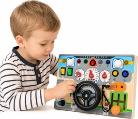 LEAN Toys Drevená vzdelávacia manipulačná tabuľa – volant, svetlá, zvuky