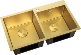 Mexen Xorin, 2-komorový nerezový drez 780 x 450 mm, brúsená zlatá, vzor voština, 6441782000-55HC