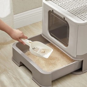 Toaleta pre mačky s vekom a výsuvným podnosom, krytá podstielka, sivá