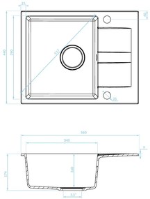 Kuchinox Laut, 1-komorový granitový drez 560x440x174 mm + sifón, šedá, LAV-SBZ_513Y