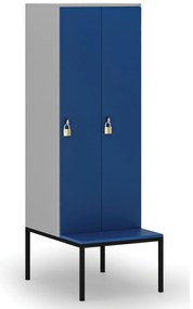 Drevená šatníková skrinka S4 s lavičkou, 2 oddiely, 1871 x 600 x 500/800 mm, demont, otočný zámok, sivá / modrá