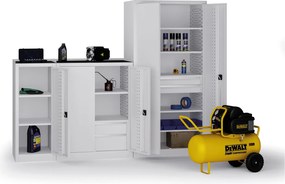 Policová dielenská skriňa na náradie KOVOS, perforovaný panel, 5 polic, 2 zásuvky, 950 x 600 x 1950 mm, sivá