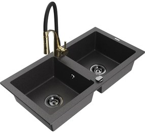 Mexen Mario, granitový drez 820x436x161 mm, 2-komorový a drezová batéria Aster, čierna škvrnitá, 6504-76-73450-57-B