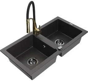 Mexen Mario, granitový drez 820x436x161 mm, 2-komorový a drezová batéria Aster, čierna škvrnitá, 6504-76-73450-57-B