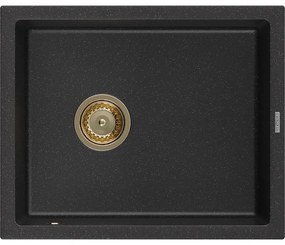 Mexen Pedro, granitový drez 560x460x200 mm, 1-komorový, čierna-strieborná metalíza so zlatým sifónom, 6508561000-73-G