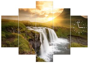 Gario Obraz s hodinami Islandská krajina - 5 dielny Rozmery: 150 x 70 cm