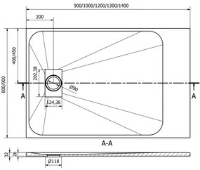 Mexen Hugo, obdĺžniková sprchová vanička SMC 140 x 80 cm, čierna, čierna krytka, 42708014-B