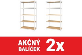 Akcia 2x Regál 183x90x40 cm lakovaný 5-policový, nosnosť 1000 kg, RIVET - biely - 2ks