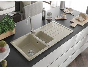 Mexen Andres, granitový drez 1000x500x200 mm, 1,5-komorový, béžová s chrómovým sifónom a chrómová drezová batéria Telma, 6515-69-670200-00