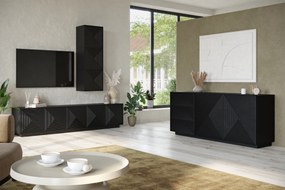 TV stolík Asha 200 cm s ryhovaným čelom - čierny mat