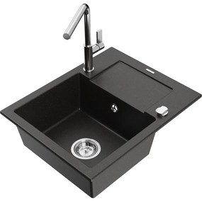 Mexen Enzo, 1-komorový granitový drez 576x465x174 mm a drezová batéria Flora, čierna-zlatá metalíza, 6506-75-670401-00
