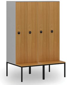 Drevená šatníková skrinka S4 s lavičkou, 2 oddiely, 1871 x 600 x 500/800 mm, demont, RFID zámok, sivá / oranžová