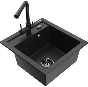Mexen Vito, 1-komorový granitový drez 520x490x210 mm, čierna matná batéria Duero, čierna - zlatá metalíza, 6503-75-671600-70-B