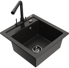 Mexen Vito, 1-komorový granitový drez 520x490x210 mm, čierna matná batéria Duero, čierna - zlatá metalíza, 6503-75-671600-70-B