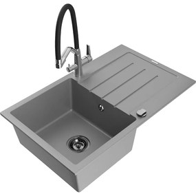 Mexen Bruno, 1-komorový granitový drez 795x495x200 mm a drezová batéria Duo, šedá, 6513-71-671701-07-B