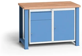 Dielenský stôl KOVONA, 2 závesné skrinky a 1 zásuvka na náradie, buková škárovka, pevné nohy, 1200 mm