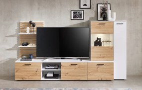 Obývacia stena Heathrow, biela/dub artisan, s osvetlením