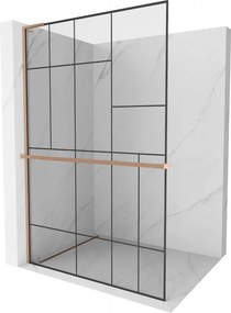 Mexen Kioto+ L, sprchová zástena Walk-In s poličkou a vešiakom 80 x 200 cm, 8mm číre sklo čierny vzor, medený matný profil, 800-080-123-65-78