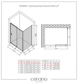 CERANO - Sprchovací kút Varone LINE L/P - čierna matná, transparentné sklo - 90x80 cm - posuvný, CER-CER-DY505B-9092