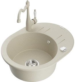 Mexen Kevin, drez granitový 586x458x190 mm, 1-komorový a drezová batéria Carla, béžová, 6517-69-670700-69