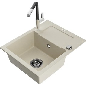 Mexen Enzo, 1-komorový granitový drez 576x465x174 mm a drezová batéria Flora, béžová, 6506-69-670401-07-B
