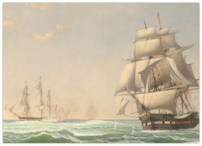 Sklenený obraz - Fitz Henry Lane, The United States Frigate President Engaging the British Squadron, reprodukcia (70x50 cm)