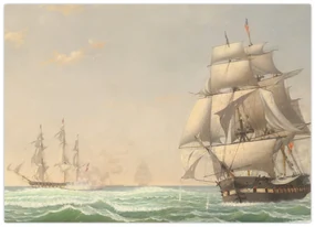 Sklenený obraz - Fitz Henry Lane, The United States Frigate President Engaging the British Squadron, reprodukcia (70x50 cm)