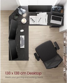 Písací stôl, rohový stôl v tvare L s 2 odkladacími policami, čierny