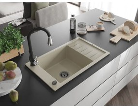 Mexen Elias, 1-komorový granitový drez 795x480x200 mm a drezová batéria Savita, béžová, 6511-69-672601-70