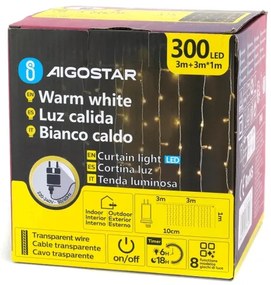 Aigostar - LED vonkajší vianočný reťazec 300xLED/6W/230V/8 funkcií 3x1m IP44 teplá biela + diaľkový ovládač