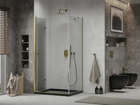 Mexen Lima, sprchový kút so skladacími dverami 80 (dvere) x 100 (stena) cm, 6mm číre sklo, chrómový profil + slim sprchová vanička čierna + zlatý sifón, 856-080-100-50-00-4070G