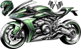Zelená motorka textilní prelepiteľná nálepka na stenu hárok 46 x 28 cm