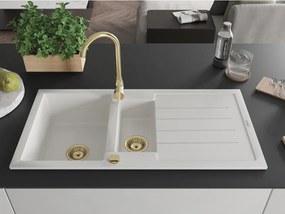 Mexen Andres, granitový drez 1000x500x200 mm, 1,5-komorový, biela so zlatým sifónom, 6515101510-20-G