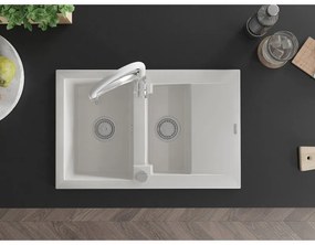 Mexen Gaspar, 1,5-komorový granitový drez 737x475x177 mm a drezová batéria Aster, biela, 6507-20-73450-02