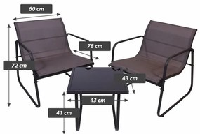 Záhradný relaxačný set stôl a 2 kreslá, oceľ, šedá