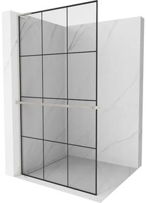 Mexen Kioto+ L, sprchová zástena Walk-In s poličkou a vešiakom 100 x 200 cm, 8mm číre sklo čierny vzor, brúsená oceľ profil, 800-100-123-97-77