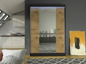 Posuvná skriňa so zrkadlom Parys II, Farby: biely / sonoma, Osvetlenie: osvetlenie LED RGB - farebné