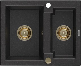 Mexen Carlos, granitový drez 582x475x177 mm, 1,5-komorový, čierna-strieborná metalíza so zlatým sifónom, 6518581500-73-G