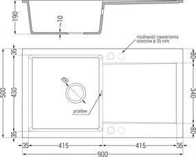 Mexen Leo, drez granitový 900x500x190 mm, 1-komorový a čierna batéria Telma, čierna, 6501-77-670200-70-B