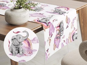 Biante Detský bavlnený behúň na stôl Sandra SA-464 Slony s fialovou dúhou na bielom 35x180 cm