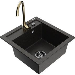 Mexen Vito, 1-komorový granitový drez 520x490x210 mm, zlatá batéria Telma, čierna-zlatá metalíza, 6503-75-670200-50-B