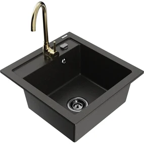 Mexen Vito, 1-komorový granitový drez 520x490x210 mm, zlatá batéria Telma, čierna-zlatá metalíza, 6503-75-670200-50-B