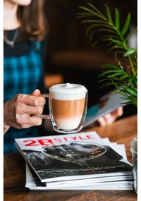 Súprava 2 dvojstenných sklenených šálkov s tanierikom Vialli Design, 250 ml