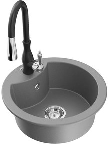 Mexen Diego, 1-komorový granitový drez 488x488x167 mm a drezová batéria Savita, šedá, 6512-71-672601-70