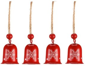 Súprava závesných vianočných zvončekov, 4 ks, červená, kov