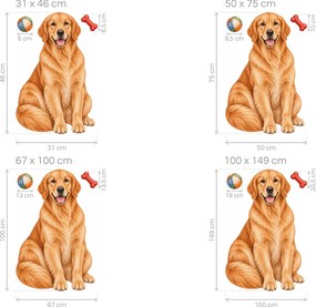 Zlatý retriever s loptičkou a kosťou maľované textilné nálepky na stenu pre milovníkov retrieverov hárok 31 x 46 cm