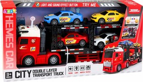 LEAN Toys Nákladné auto Lora Transporter s odťahovkou pre 4 autá, svetlá a zvuky
