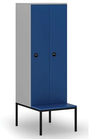 Drevená šatníková skrinka s lavičkou, 2 oddiely, 1871 x 600 x 500/800 mm, RFID zámok, sivá / modrá