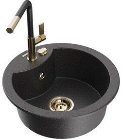 Mexen Diego, 1-komorový granitový drez 488x488x167 mm a drezová batéria Flora, čierna škvrnitá, 6512-76-670401-57-G