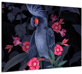 Sklenený obraz - Papagáj medzi kvetmi (70x50 cm)